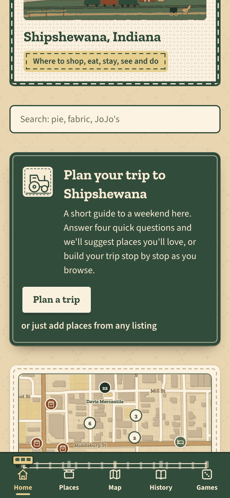 The Shipshe app's home on a phone: search, the Plan your trip to Shipshewana card, and the way to the map.