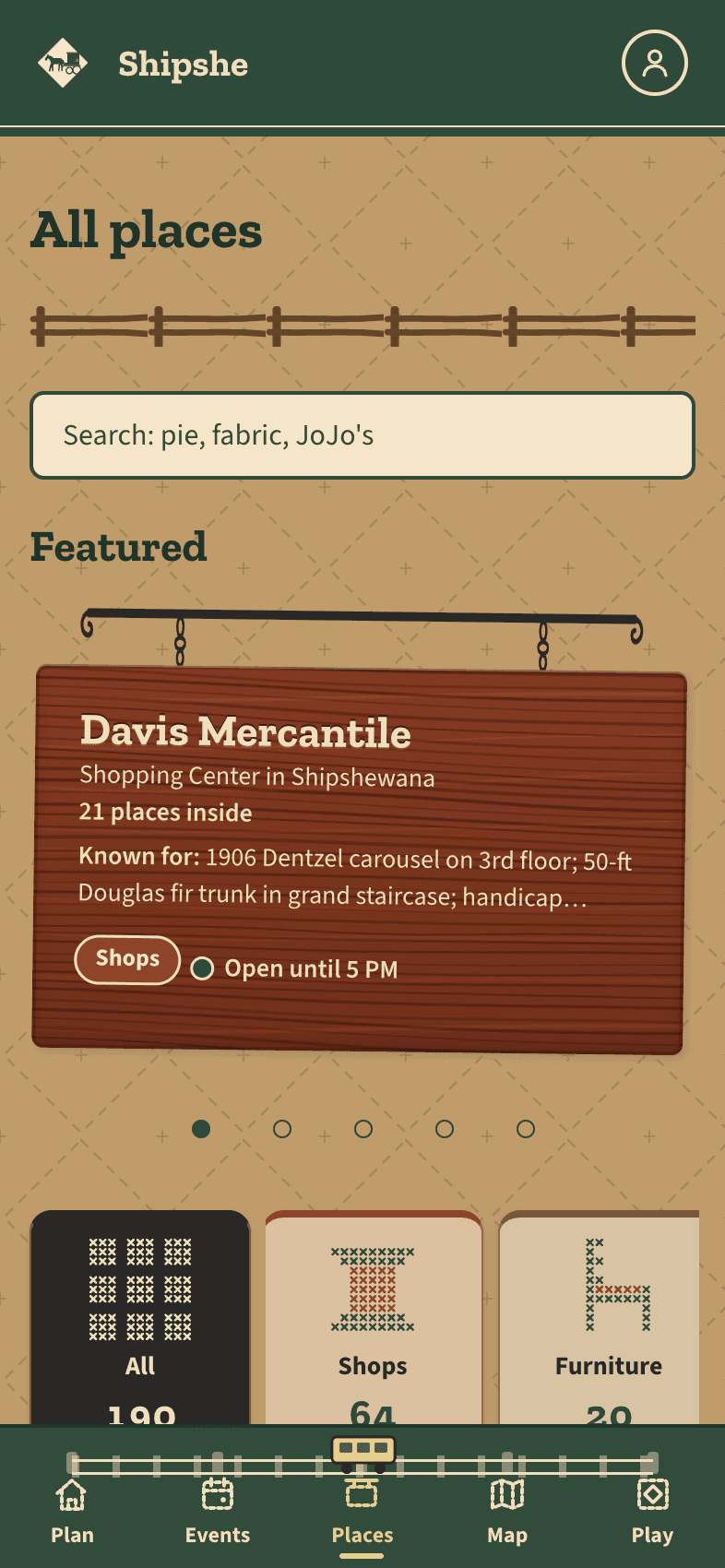 The Shipshe app's Places tab on a phone: the Featured wooden sign for Davis Mercantile and the place categories.