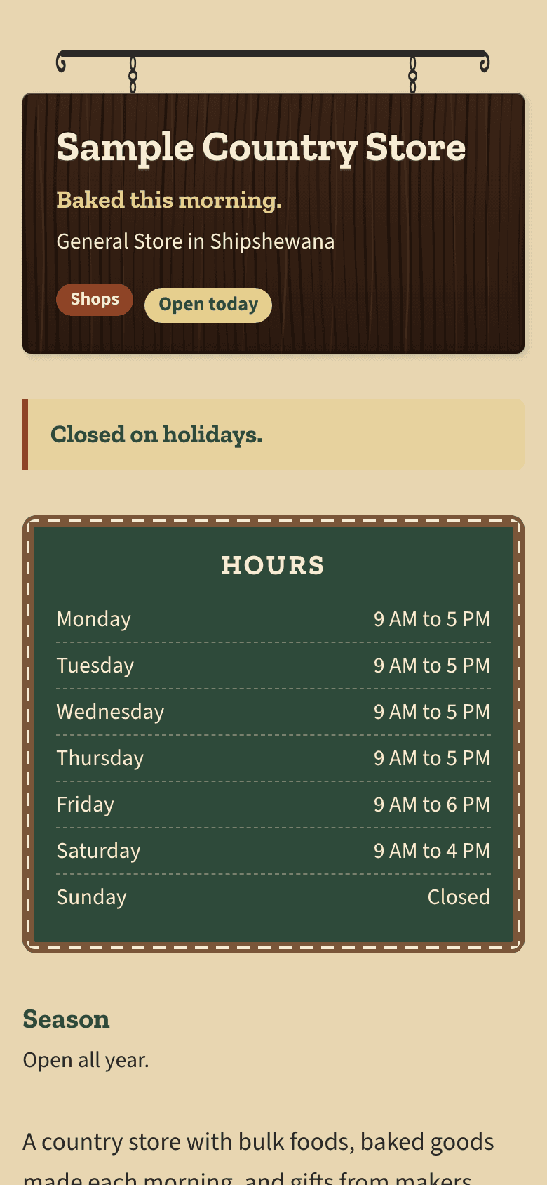A sample listing on a phone: the made-up business's sign, a note about holidays and its hours board.