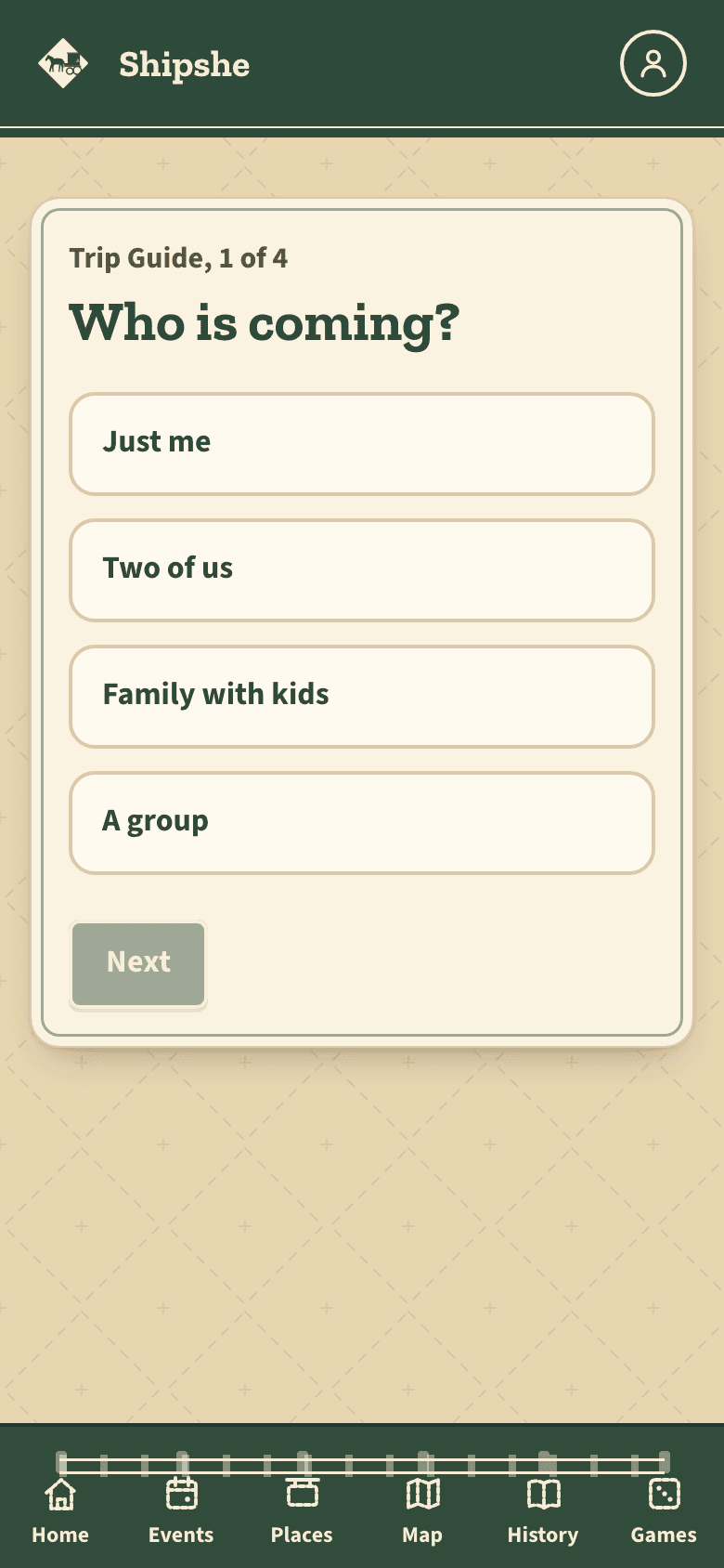 The trip guide on a phone, asking its first question: Who is coming?