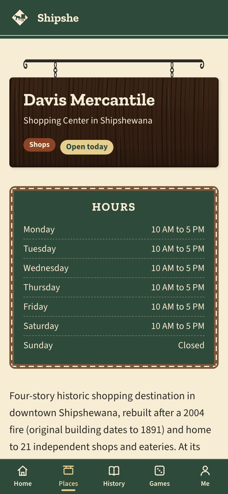 A Shipshe listing page on a phone: the business's sign, hours board and details.