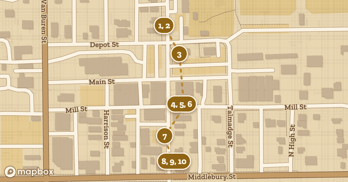 A map of Antique tour down Morton Street: its 10 stops, numbered in order.